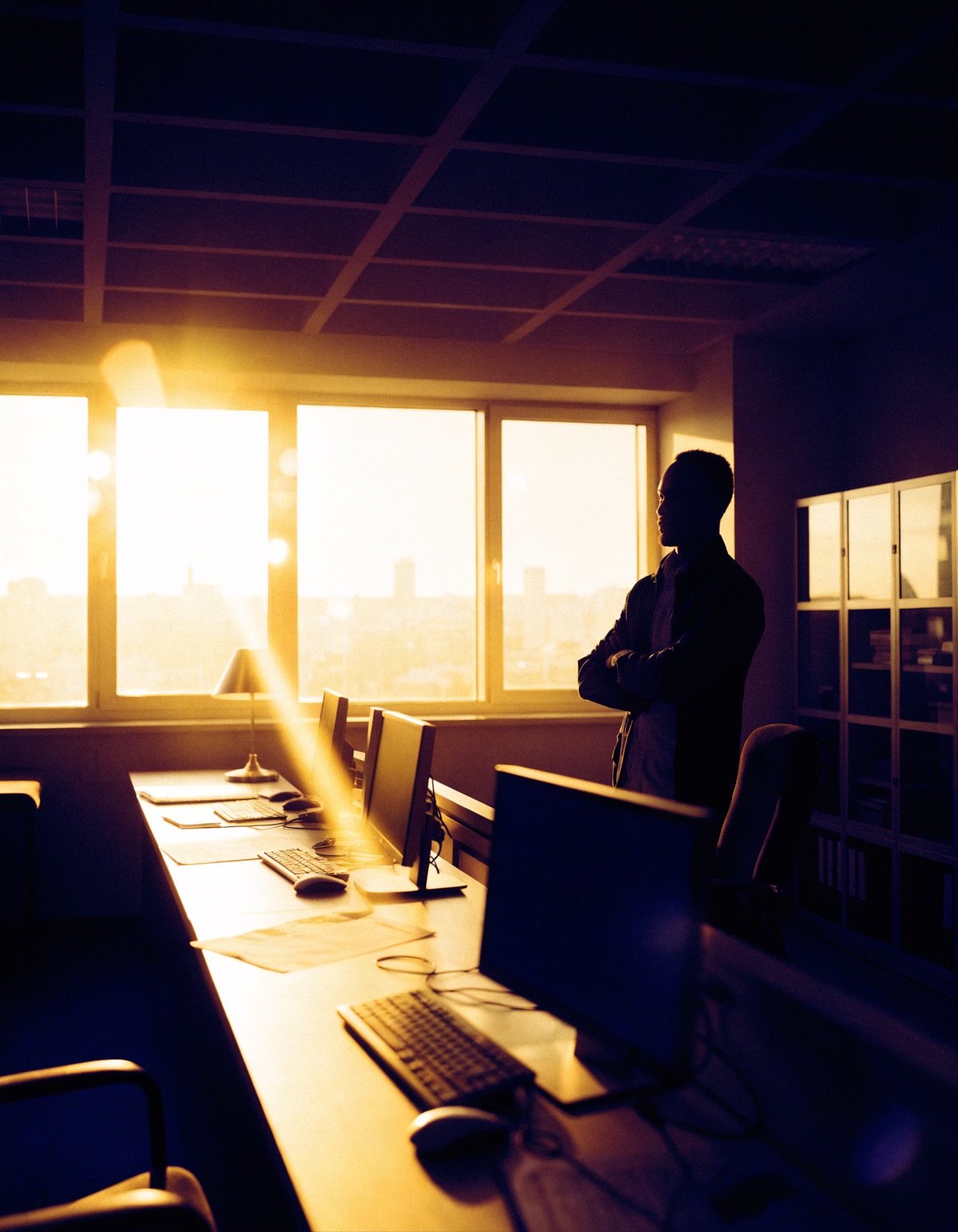 An operator standing in command in a calm workspace at dawn