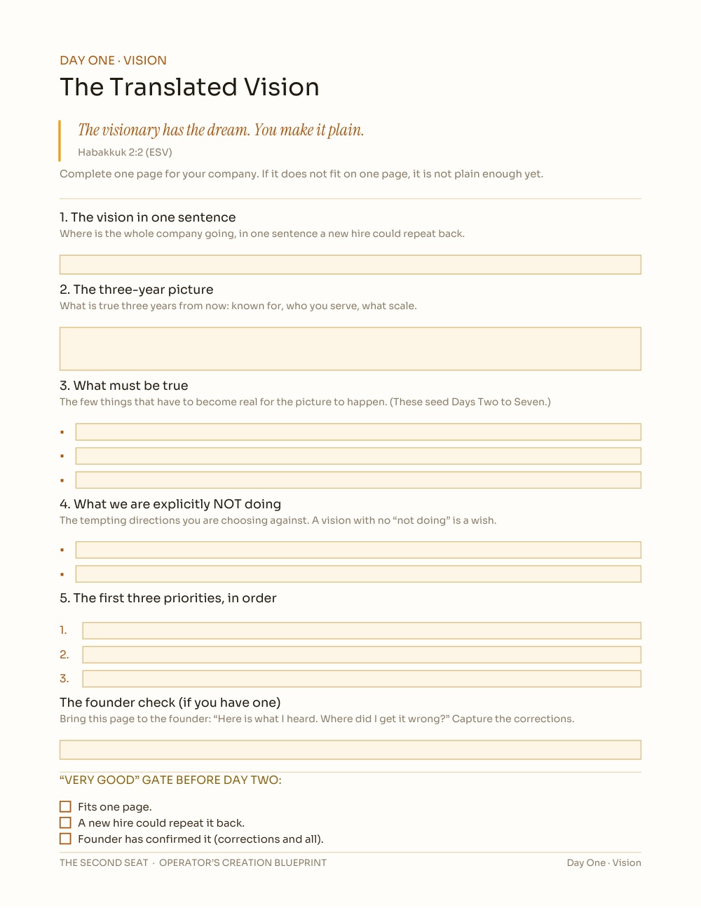 Day One workbook page, The Translated Vision